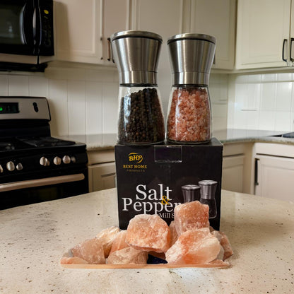 Salt & Black Pepper Grinder Set - Filled-Stainless Steel Refillable Mills