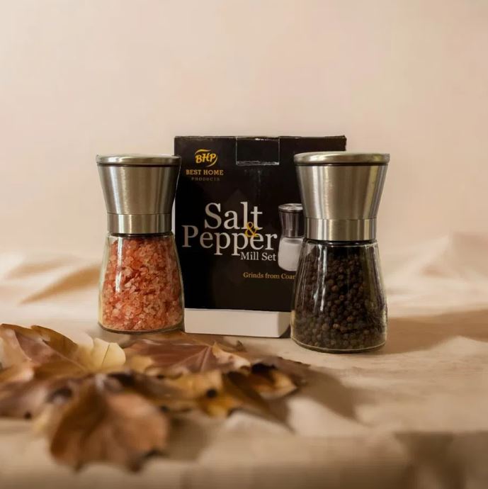 Salt & Black Pepper Grinder Set - Filled-Stainless Steel Refillable Mills