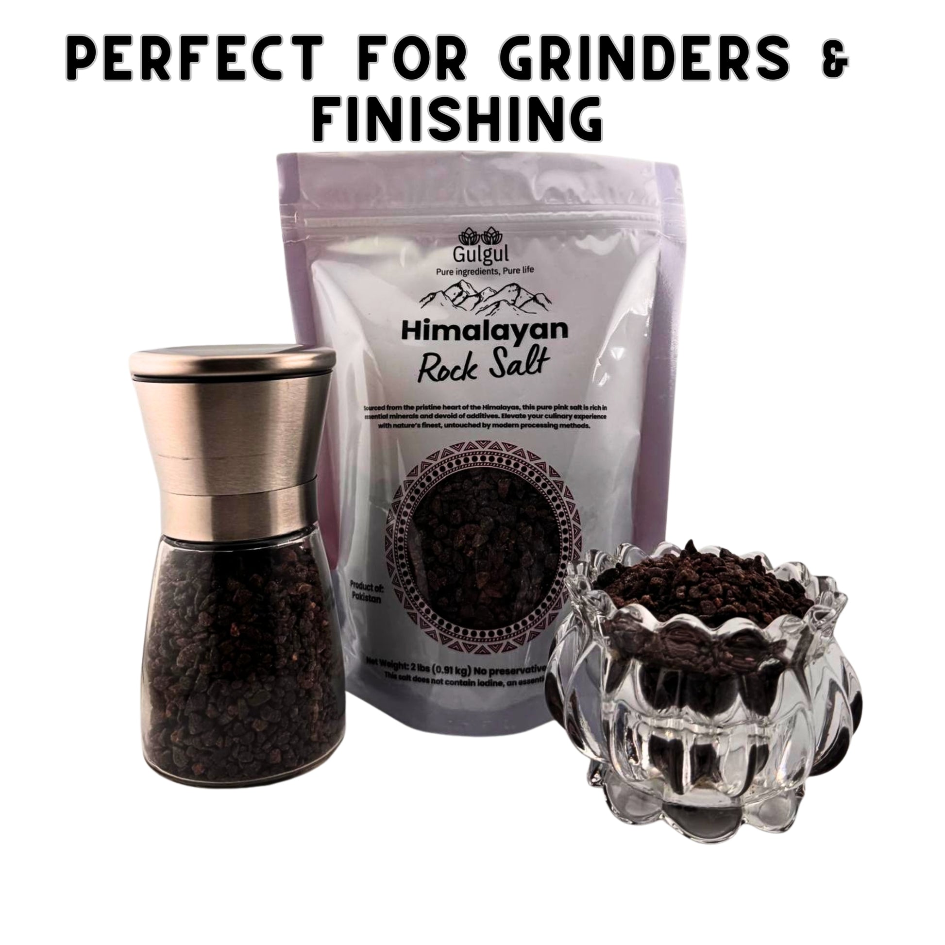 Coarse black salt crystals ideal for refilling salt grinders and mills