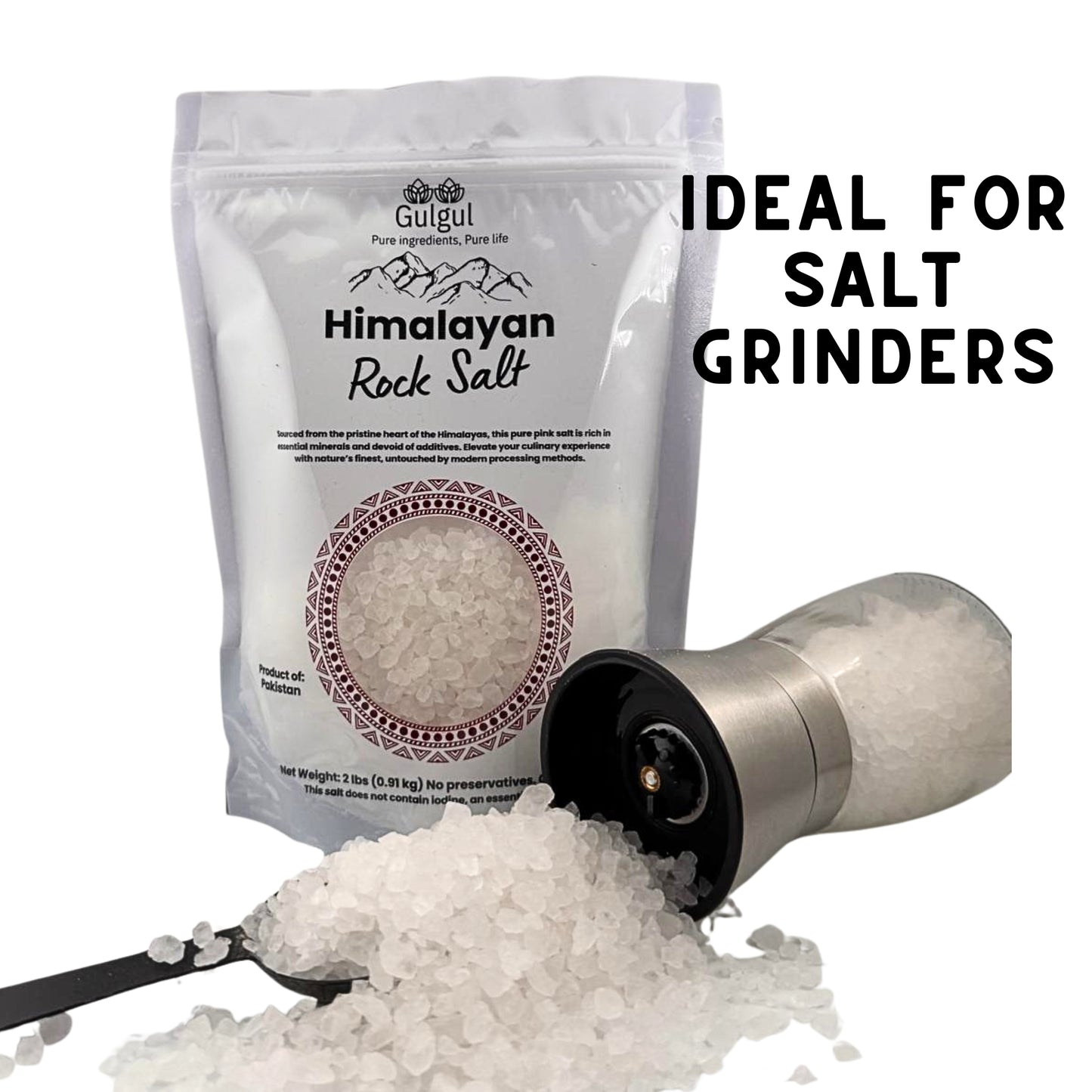 Close-up of coarse white salt crystals showing uniform size perfect for grinders